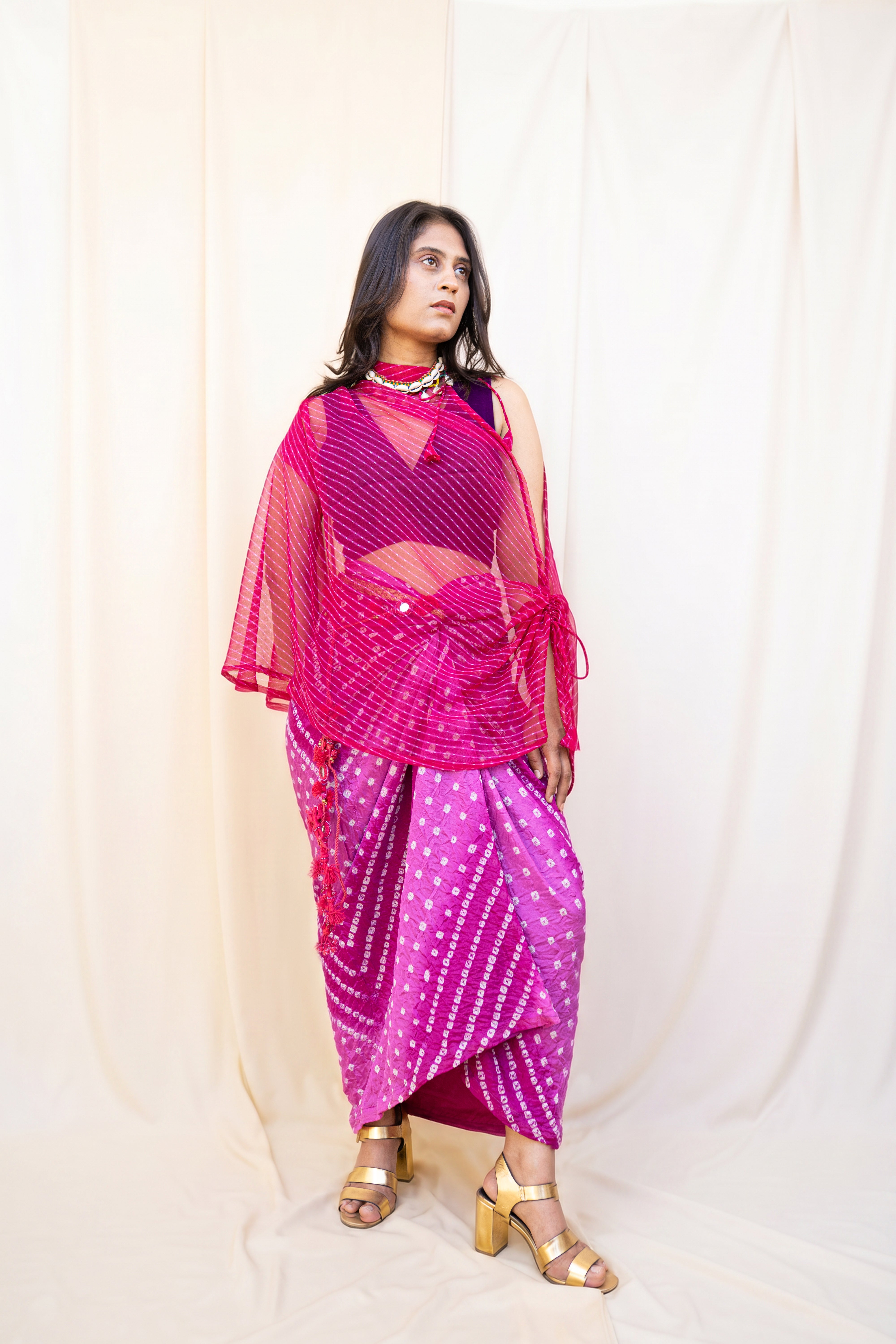 Bandhani skirt set in pink (set of 3)