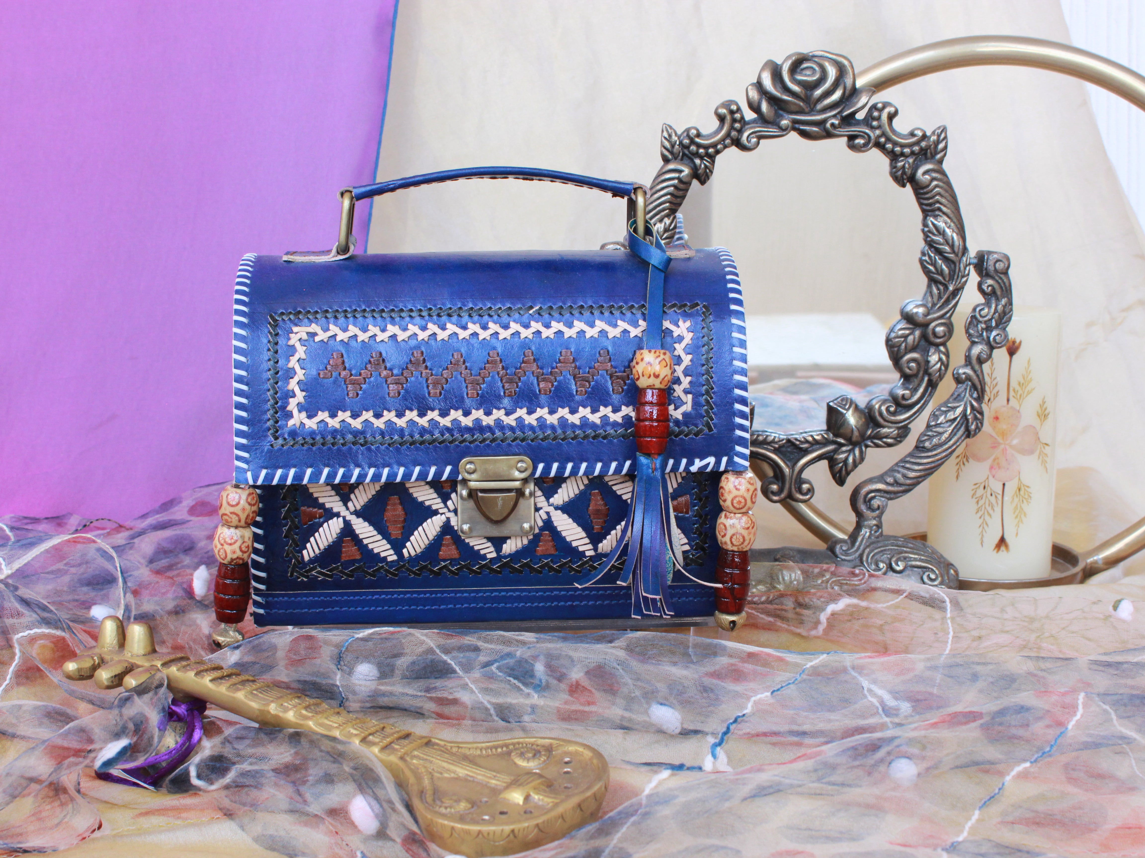 Nakshatriya Leather Embroidered Bag (Brown & White|)