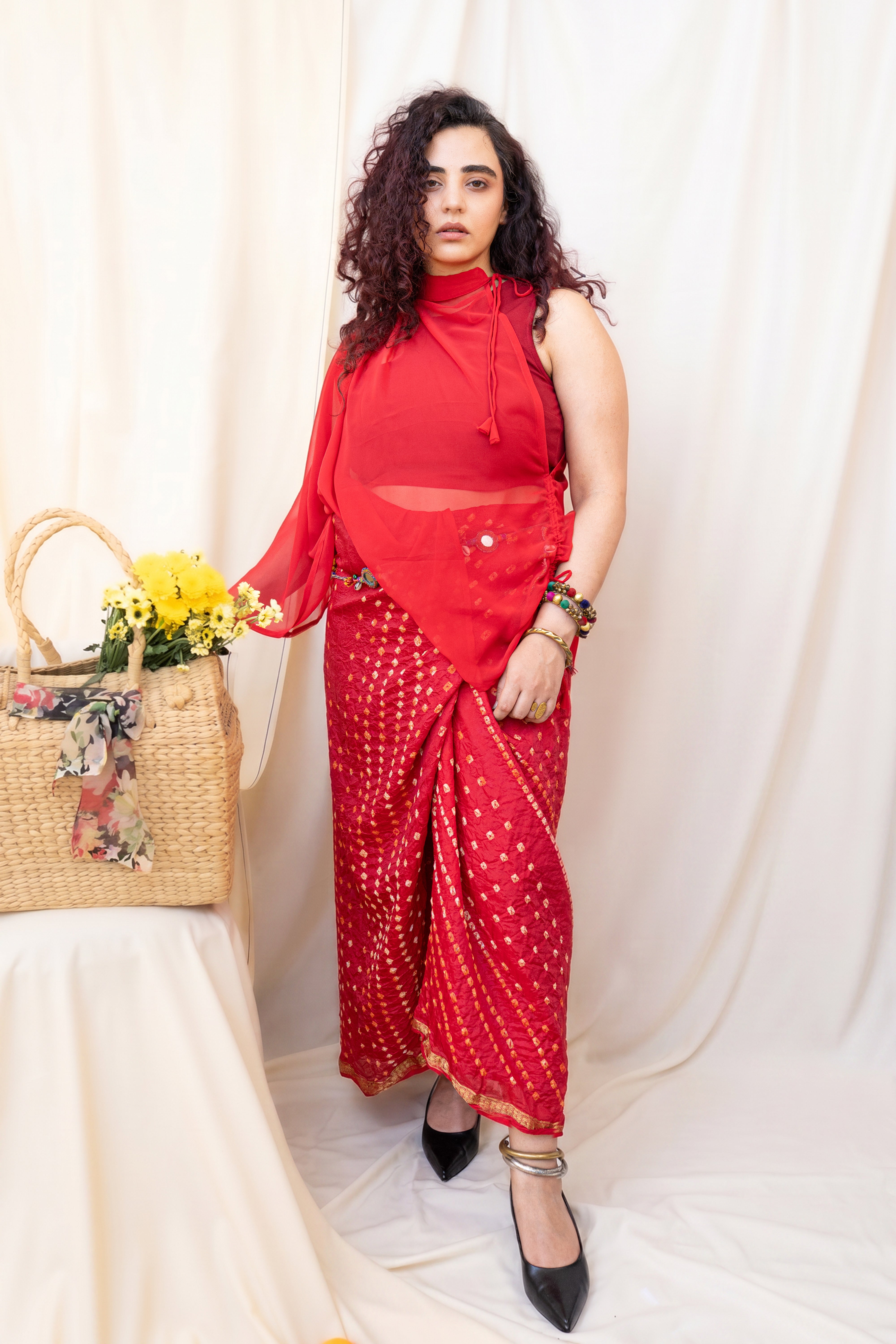 Bandhani skirt set in red (set of 3)