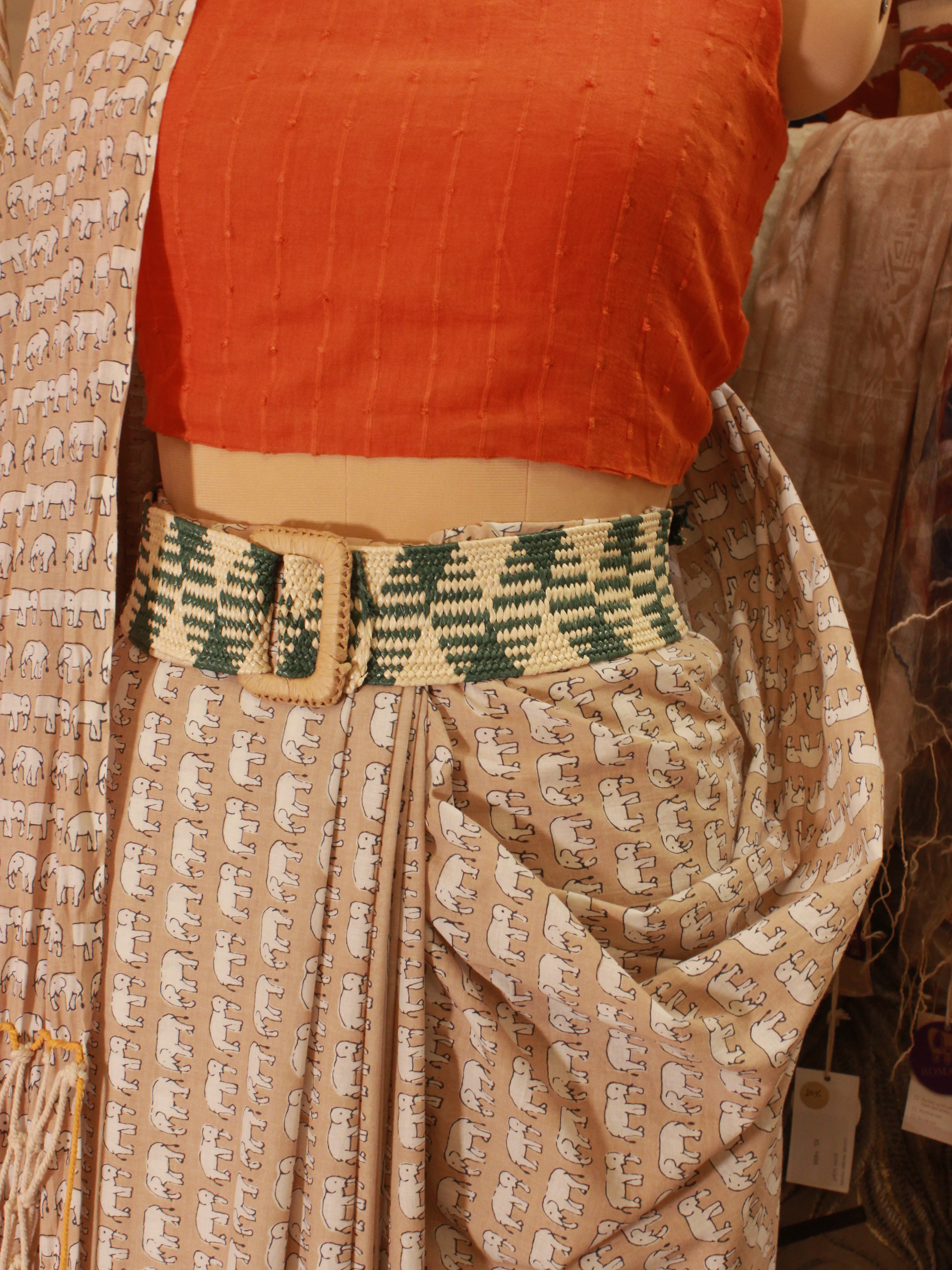 Green & White Abstract Striped Jute Belt