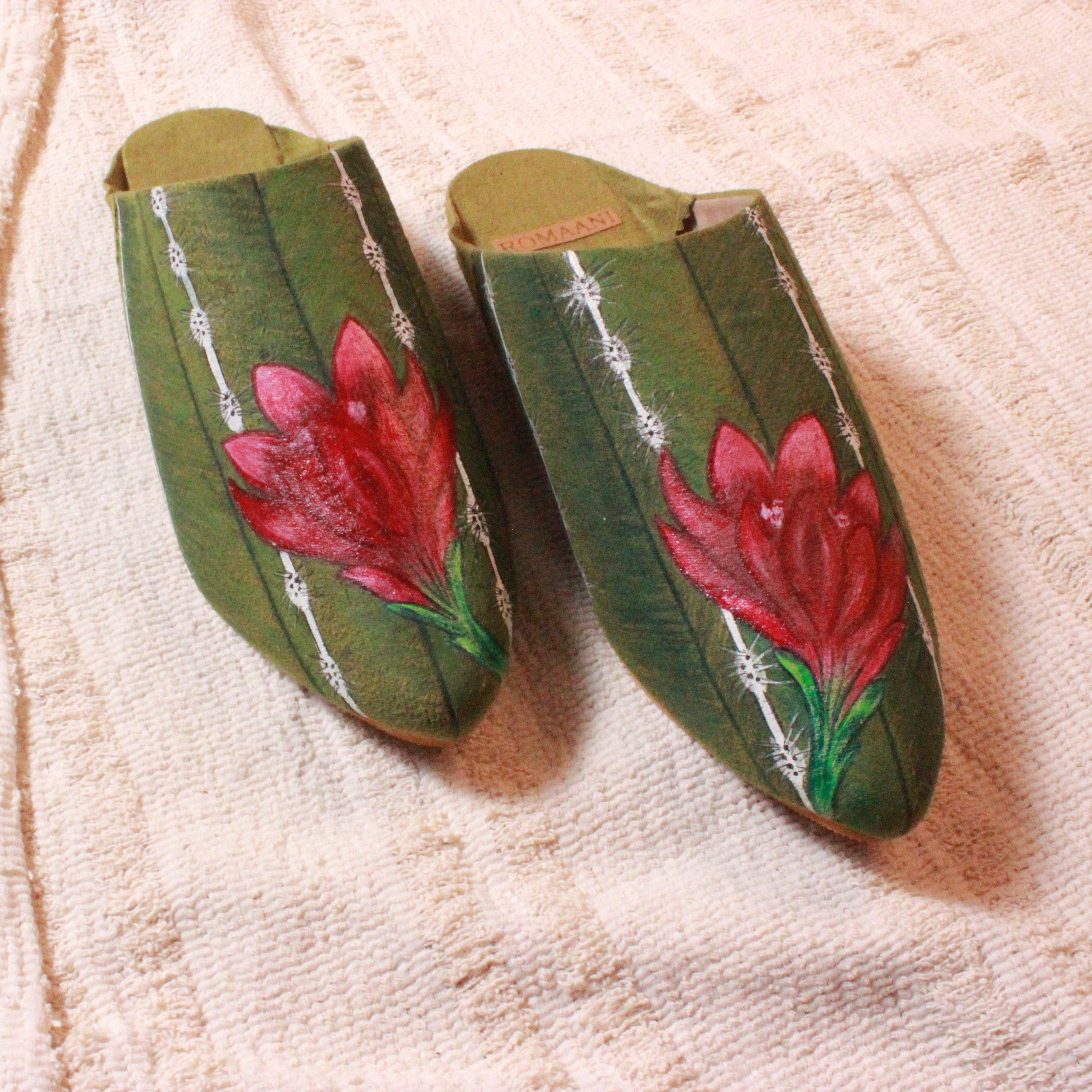 Cactus Flower Handpainted Vegan Baboush