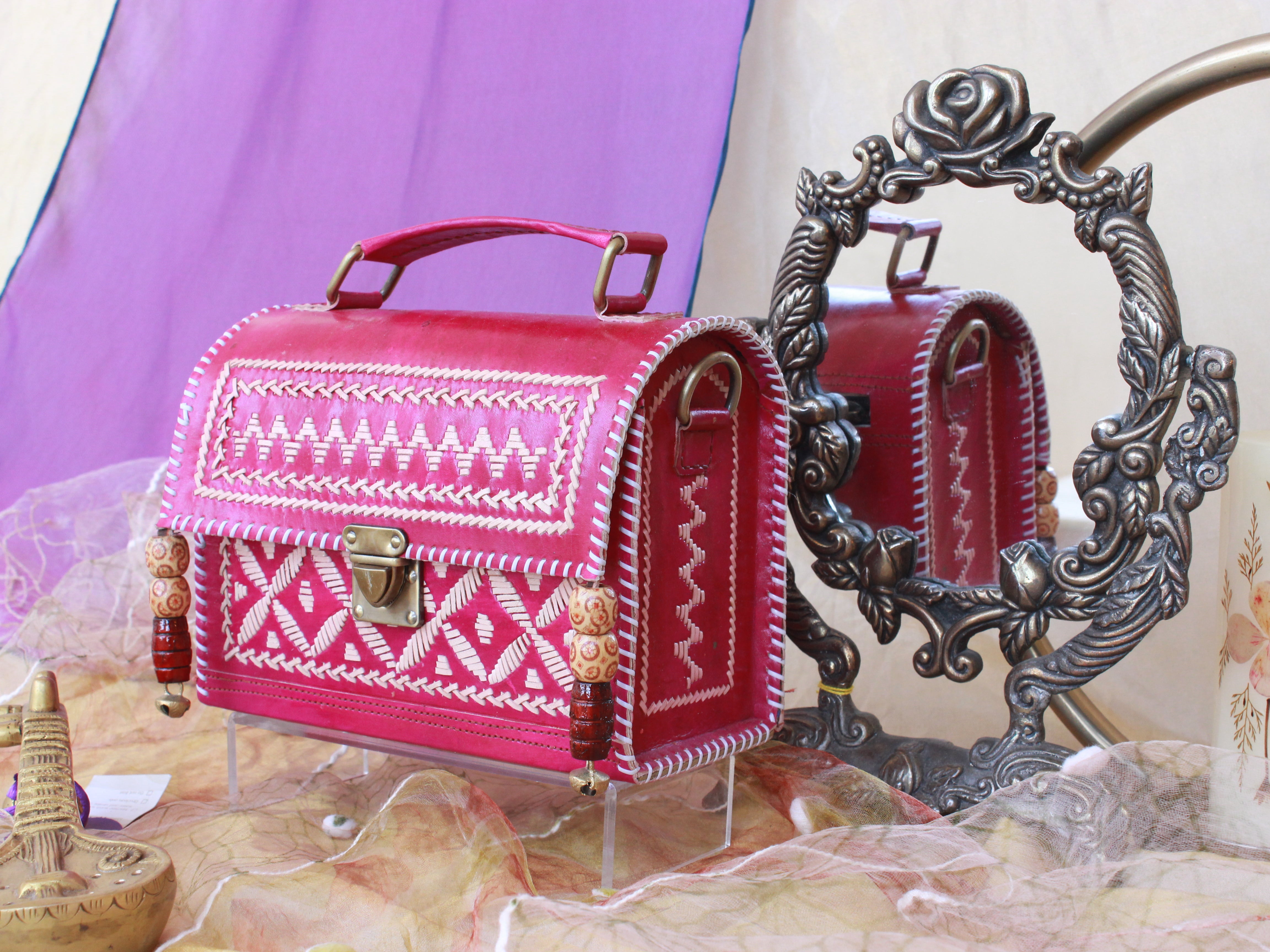 Nakshatriya Pink Leather Embroidered Bag